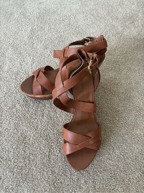 Franco Sarto Cognac Brown Leather Crisscross Wedge Sandals